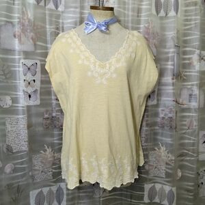 Sundance Yellow Embroidered V Neck Cotton Top Size XL